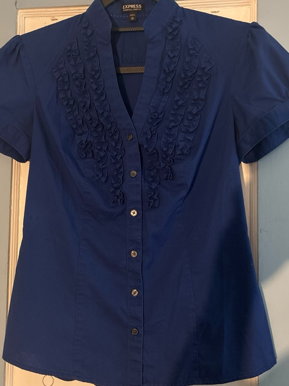 Express Women's Blue Short-Sleeve Ruffle Button-Down T-Shirt